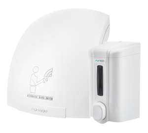 HYGIO Zestaw elektryczna suszarka do rąk SMART FLOW 1800W + dozownik ECO 500ml ABS biały