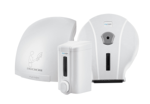 HYGIO Zestaw elektryczna suszarka do rąk SMART FLOW 1800W + dozownik ECO 500ml + pojemnik JUMBO ABS biały