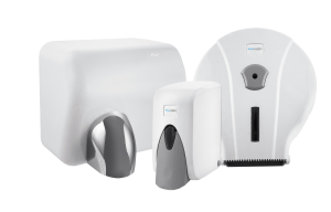 HYGIO Zestaw suszarka do rąk STREAM FLOW 2500W  + dozownik do mydła w płynie 500ml ECO2 + pojemnik JUMBO ABS biały